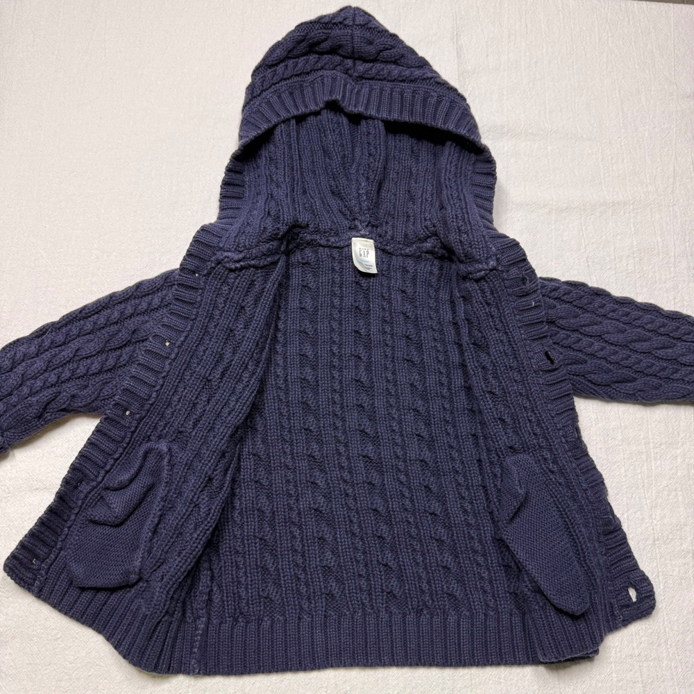 Baby Gap Infant Cable Knit Hooded Cardigan Sweater Navy 12-18 Months Cotton - Picture 2 of 7